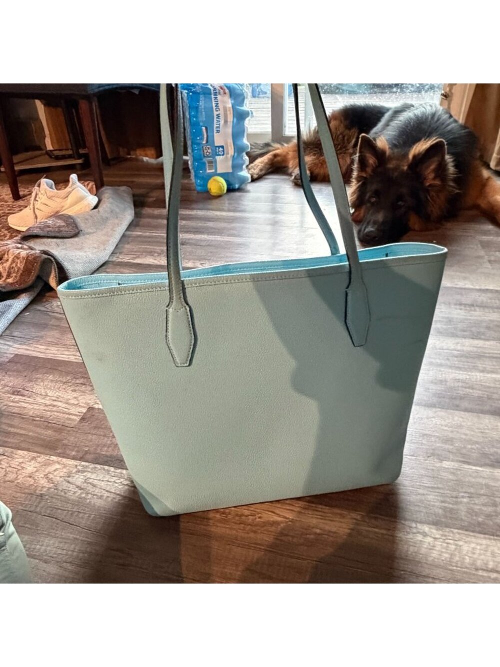 Kate Spade New York Light Blue Leather Tote Bag With Long Straps & Open Top Desi